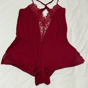 Elegant Red Lace Trim Romper